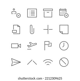 Set of interface and technology icons, people, user, mail, flag, box, calendar, attachment, wireless, note and linear variety vectors.
