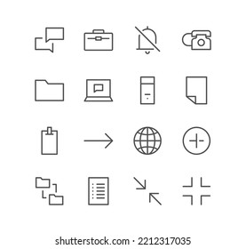 Set of interface and technology icons, world, phone, device, folder, briefcase, size, screen, mail, document and linear variety vectors.
