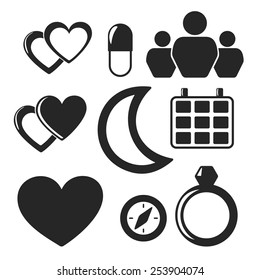 Set of interface universal web and mobile vector logo icons isolated on white. Symbols of hearts, pill, people, jewellery, compass, moon, calendar
