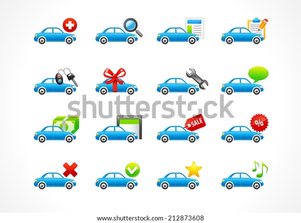 Set of interface vector icons for cars service or\
rent business. To buy car, auto parts, home page, tire, new, yes,\
no, star, best offer, contact us, sales leader in car business. Web\
signs for taxi.