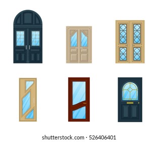 Set of interior apartment doors design. Closed doorway isolated icon or exit frame, architecture of wooden or wood door with glass and knob. For building architecture and front view of house entrance