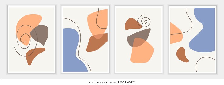 Carteles de arte interior. Arte minimalista. Conjunto de plantillas abstractas para carteles, afiches, volantes, portadas. Ilustración vectorial. Resumen de formas, líneas y puntos. Sencillo fondo plano.