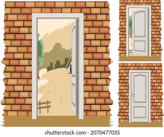 Set of interior Bricks Wall door Illustration of wood entrance vector Cartoon House room
