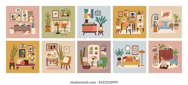 Set with interior compositions. Stylish trendy furniture, cozy interior elements, decorations, prints and plants. Perfect for social media posts, cards and posters. All elements are isolated.