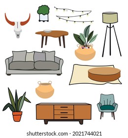 A set of interior and decor items, armchairs , sofas, paintings, lamps, pillows, a chandelier and other stylish decor elements. Illustration about the design of the house