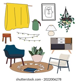 A set of interior and decor items, armchairs , sofas, paintings, lamps, pillows, a chandelier and other stylish decor elements. Illustration about the design of the house
