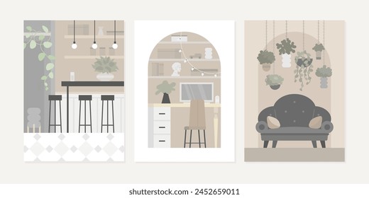 Set of interior design card, poster, banner with modern furniture in simple geometric style. Vector illustration