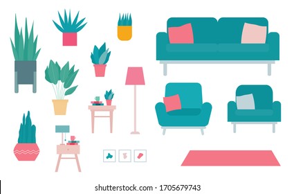 Conjunto de elementos vectoriales planos de diseño interior aislados en un fondo blanco.Paneles inspiradores con elementos decorativos domésticos. Sofá, sillones, lámpara, alfombra, marcos de fotos, mesas laterales, plantas, libros.