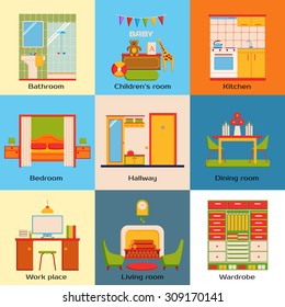 Set of interior design home rooms. Vector illustration.