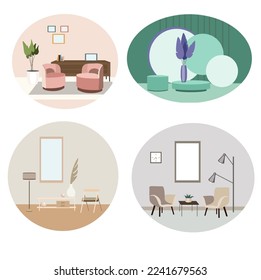 Diseño interior, casa, salones con mobiliario, ilustración vectorial