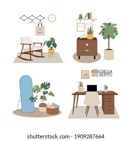 Set of interior design house rooms with furniture icons - living room, bedroom, working place. Flat style vector illustration.