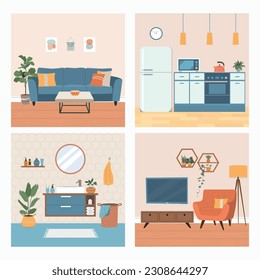 Set of  interior design house rooms with furniture icons: living room, bathroom, kitchen. Flat style cartoon vector illustration.