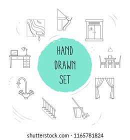 Set of interior design icons line style symbols with curtains, electricity, dining room and other icons for your web mobile app logo design.