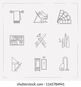 Set of interior design icons line style symbols with hallway, interior decoration, bookshelf and other icons for your web mobile app logo design.