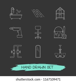 Set of interior design icons line style symbols with drill, large size mirror, flooring and other icons for your web mobile app logo design.