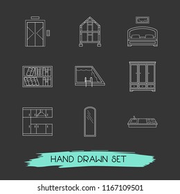 Set of interior design icons line style symbols with large size mirror, house framing, bedroom and other icons for your web mobile app logo design.