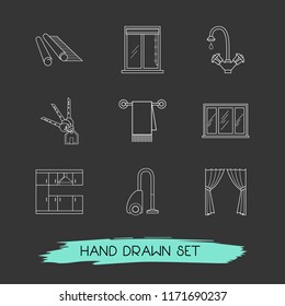 Set of interior design icons line style symbols with curtains, house keys, windows covering and other icons for your web mobile app logo design.