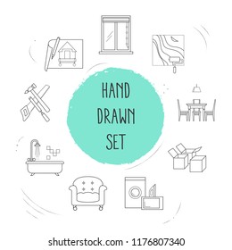 Set of interior design icons line style symbols with windows covering, dining room, wall painting and other icons for your web mobile app logo design.