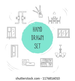 Set of interior design icons line style symbols with pipeline, chandelier, open door icons for your web mobile app logo design.