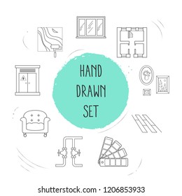 Set of interior design icons line style symbols with wall picture, wall painting, color swatch and other icons for your web mobile app logo design.