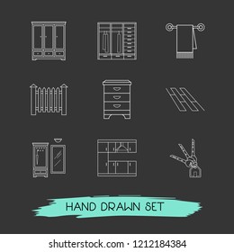 Set of interior design icons line style symbols with flooring, kitchen, closet and other icons for your web mobile app logo design.