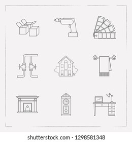 Set of interior design icons line style symbols with color swatch, wall clock, drill and other icons for your web mobile app logo design.