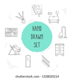 Set of interior design icons line style symbols with vacuum cleaner, living room, house keys and other icons for your web mobile app logo design.