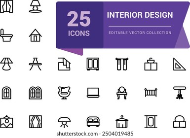 Set of interior design outline icons. Pixel perfect, minimalistic web and UI icon. outline icon collections. Editable vector illustration.