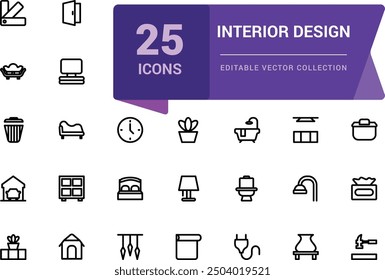 Set of interior design outline icons. Pixel perfect, minimalistic web and UI icon. outline icon collections. Editable vector illustration.