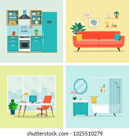 Set Of Interior Design Room . Living Room, Home Office, Kitchen And Bathroom. Vector Flat Illustration