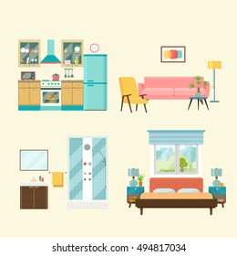 Sala de diseño interior. Salón, dormitorio, cocina y baño. Ilustración plana del vector