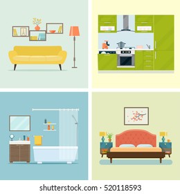 Set of interior design room . Living room, bedroom, kitchen and bathroom. Vector flat illustration