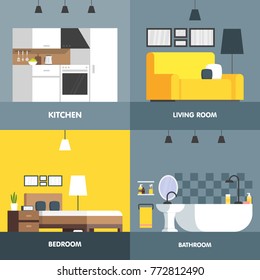 Set of interior design room . Living room, bedroom, kitchen and bathroom. Vector flat illustration