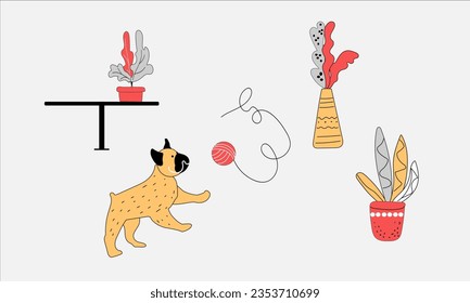 Set interior, dog, indoor flowers in a vase, table. French Bulldog plays with a ball of knitting thread. Vector illustration, pet friendly concept