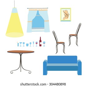 Set of interior elements for a cafe, lounge. Editable Vector illustration on white background