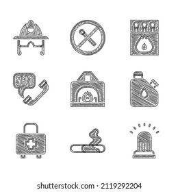 Set Interior fireplace, Cigarette, Ringing alarm bell, Canister fuel, First aid kit, Telephone call 911, Matchbox and matches and Firefighter helmet icon. Vector