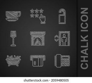 Set Interior fireplace, Credit card, Telephone handset, Lift, Bathtub, Table lamp, Please do not disturb and Coffee cup icon. Vector