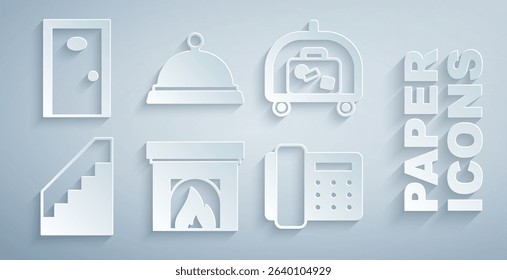 Set Interior fireplace, Hotel luggage cart, Stairs, Telephone handset, Covered with tray of food and door icon. Vector