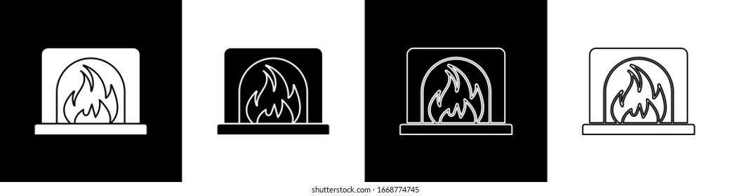 Set Interior fireplace icon isolated on black and white background.  Vector Illustration