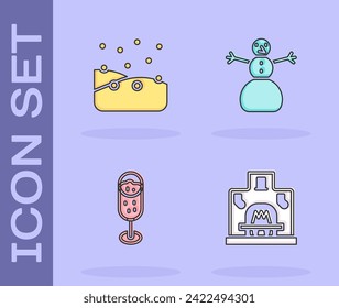 Set Interior fireplace, Snowfall, Glass of champagne and Christmas snowman icon. Vector