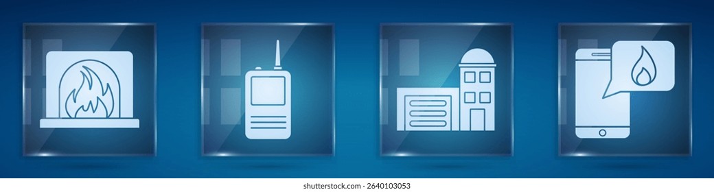 Set Interior fireplace, Walkie talkie, Building of fire station and Phone with emergency call 911. Square glass panels. Vector