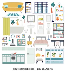 Set of interior furniture of clean and tidy house living room. Transformation from destroyed to organized room, flat cartoon vector illustration isolated white background