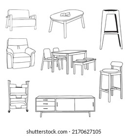 Set of interior furniture collection, sofa, chair, dining table, showcase, storage rack. Vector illustration outline hand drawn sketchy. Isolated on white background