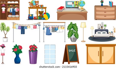 Set of interior furniture and decorations illustration