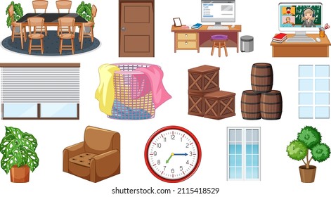 Set of interior furniture and decorations illustration