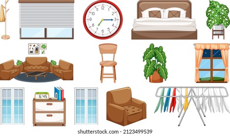 Set of interior furniture and decorations illustration
