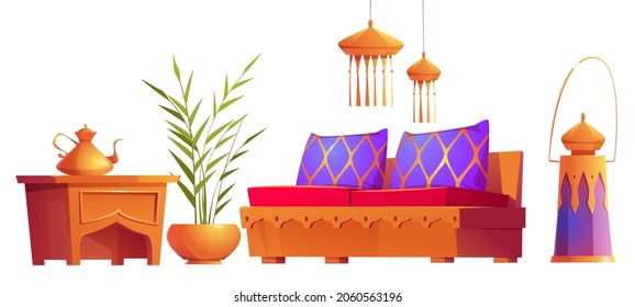 Conjunto de muebles interiores y material de estilo árabe, sofá con almohadas, lámparas y macetas con tetera sobre la mesa, objetos árabes orientales, ilustración vectorial aislada de dibujos animados, iconos, imágenes prediseñadas