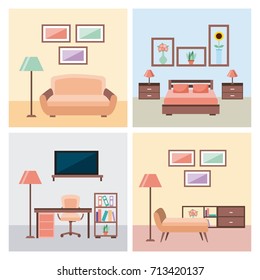 set of interior house room with furniture icons living bedroom