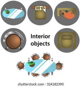 set of interior icons with bed table and chairs