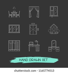 Set of interior icons line style symbols with closet, work desk, sink with mirror and other icons for your web mobile app logo design.